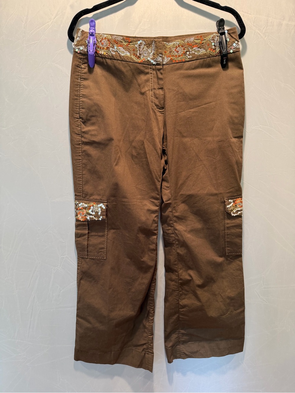 Bebe Embellished Cargo Pants Brown Sequin Embroidered Size 6